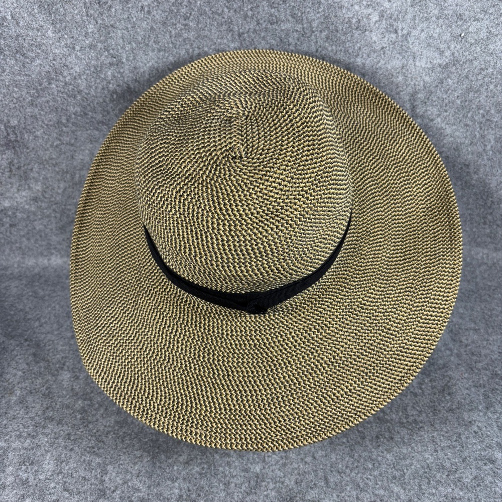 Solar Escape Womens Wide Brim Sun Hat OS Tan Black Woven Adjustable Chin Strap